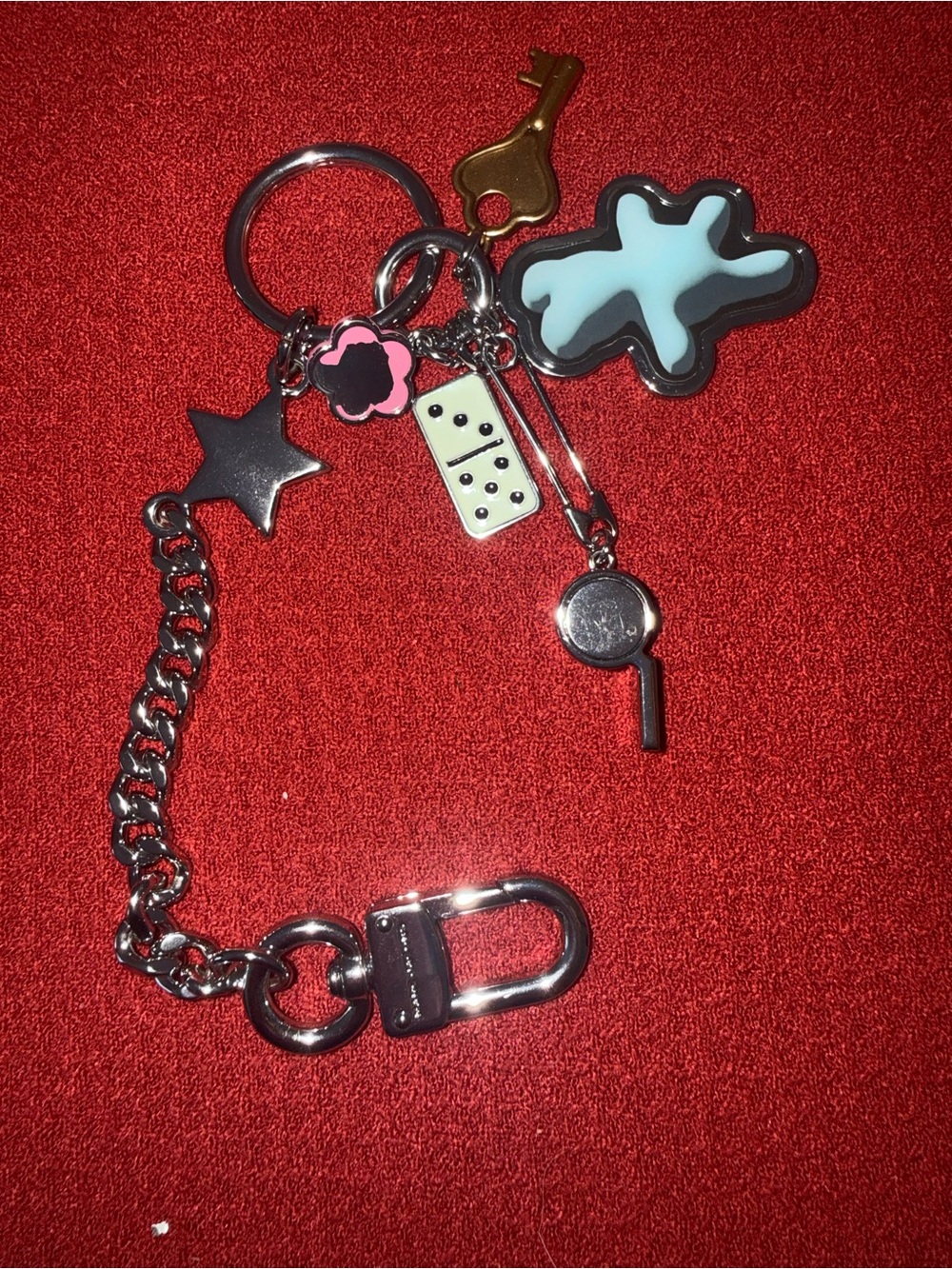 Marc Jacobs Silver Keychain with Blue Cloud and Pink Flower Charms